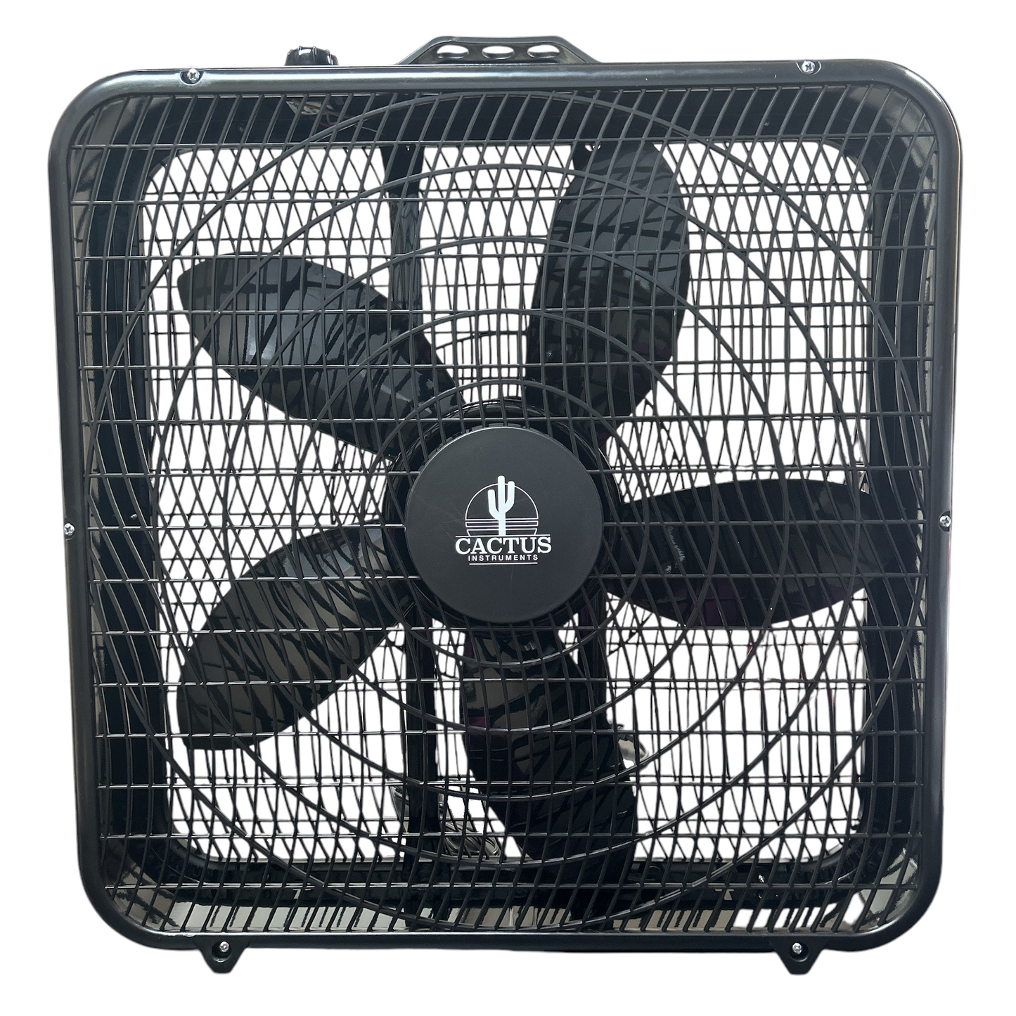 Black box fan with visible brand logo on a white background