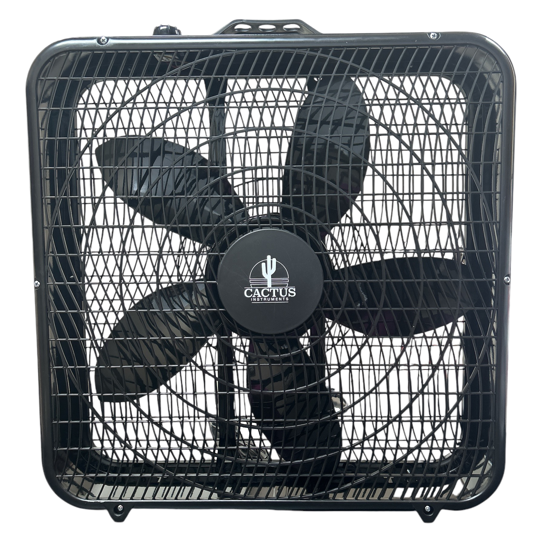 Black box fan with visible brand logo on a white background