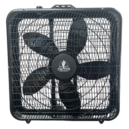 Black box fan with visible brand logo on a white background