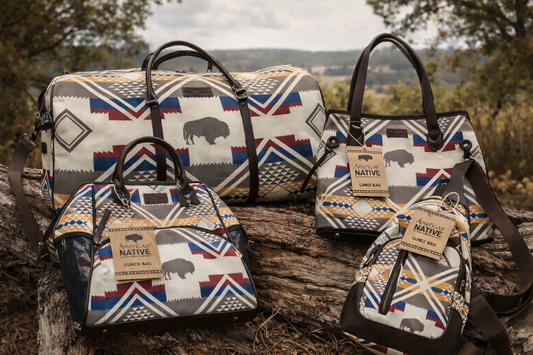 Set of buffalo patterned bags on a wooden surface with a natural background