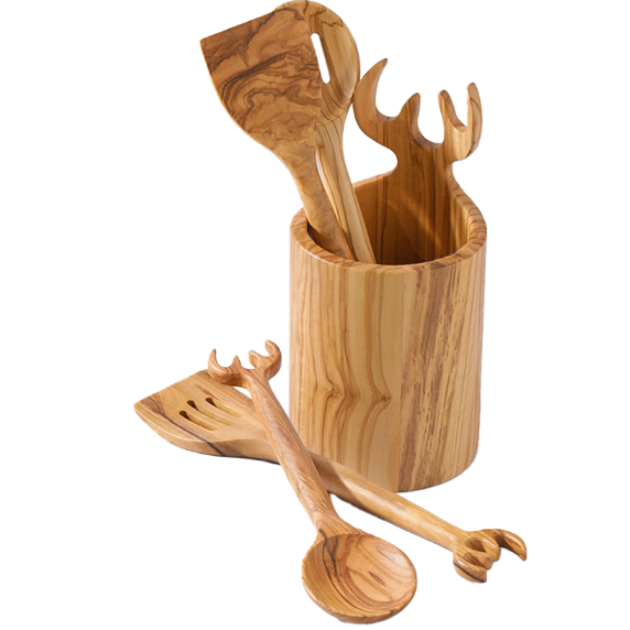 Set of wooden kitchen utensils including a ladle, spatula, and fork in a cylindrical holder on a white background.