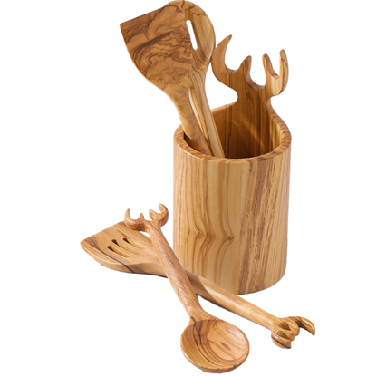 Set of wooden kitchen utensils including a ladle, spatula, and fork in a cylindrical holder on a white background.