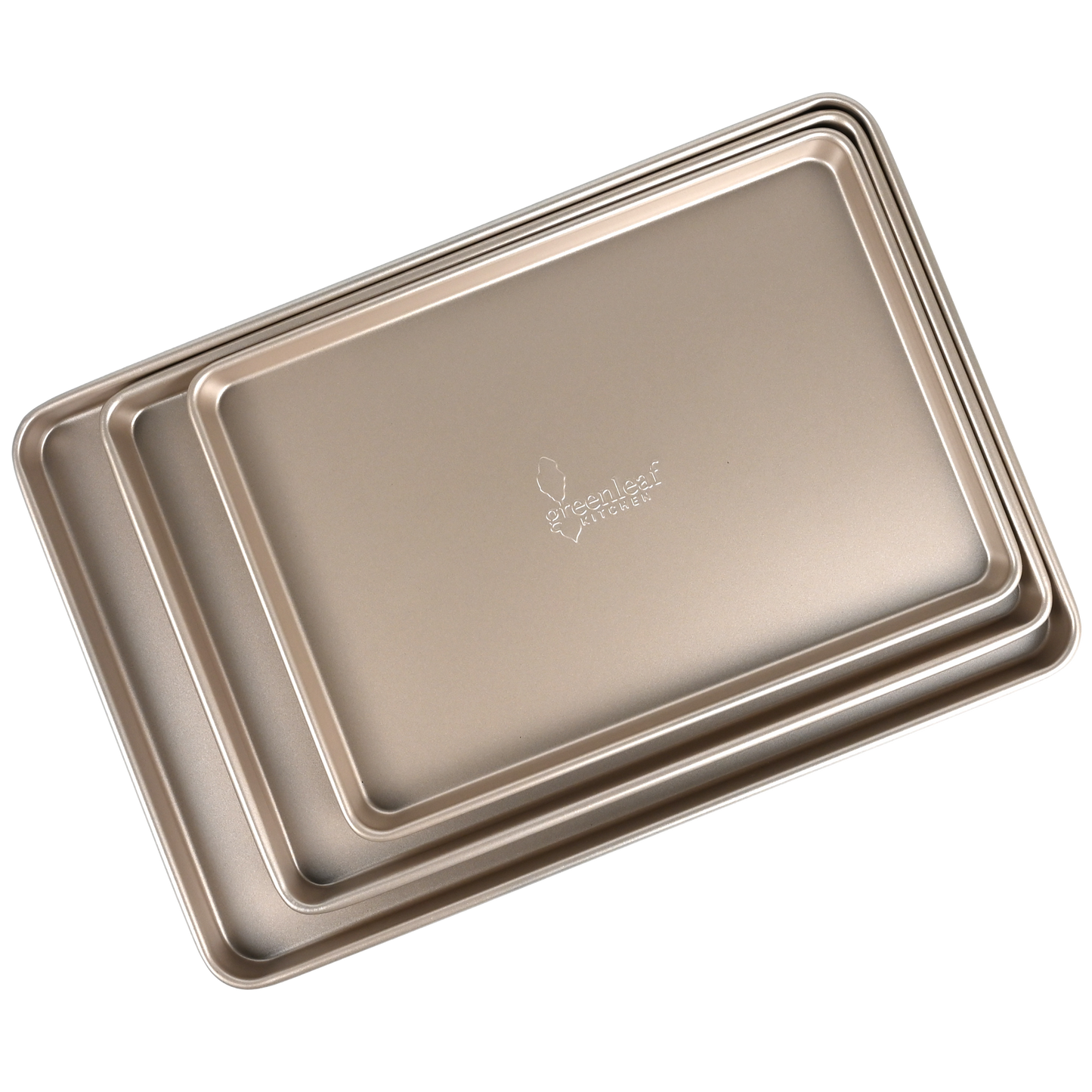 Set of three metallic baking trays with a brand logo on a white background