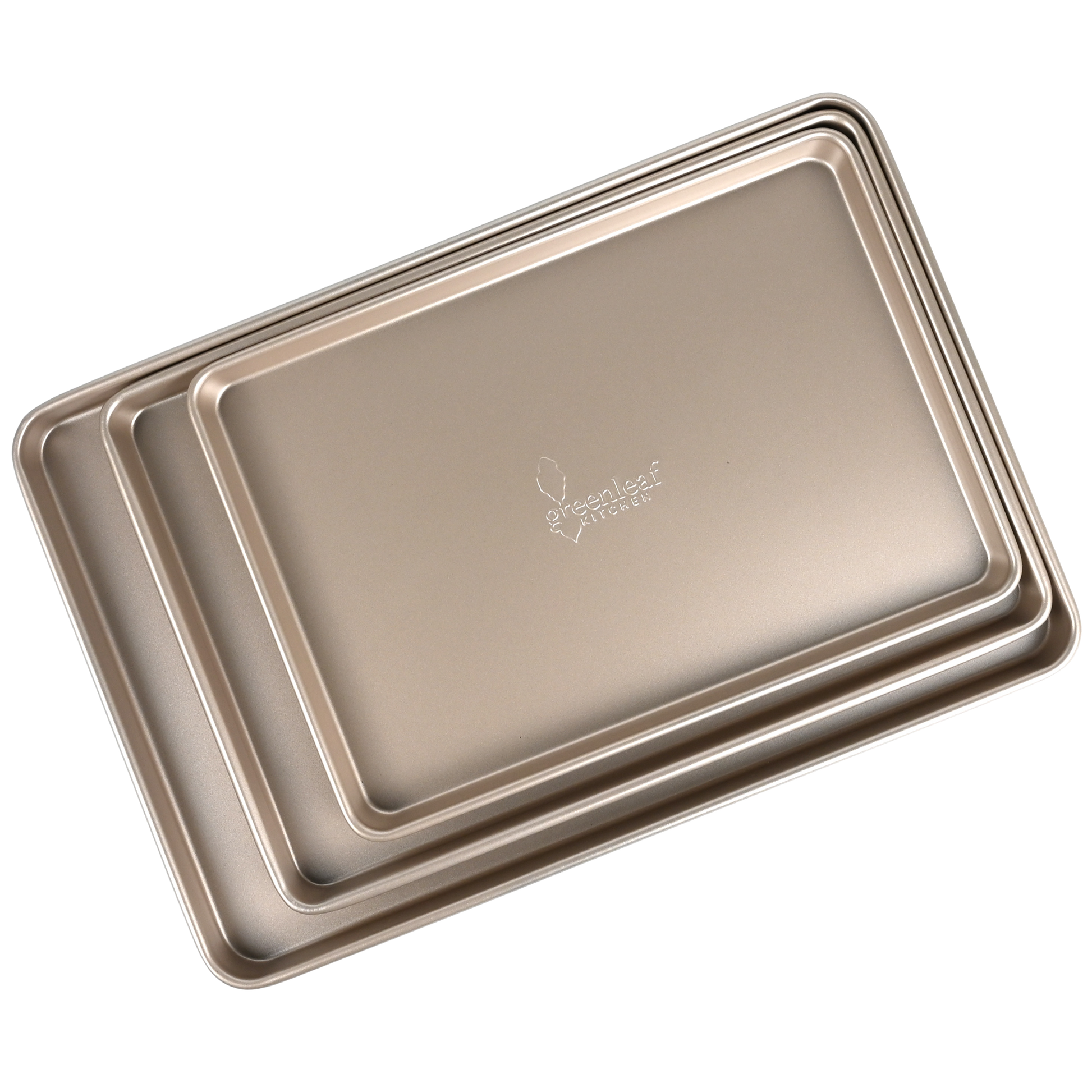 Set of three metallic baking trays with a brand logo on a white background