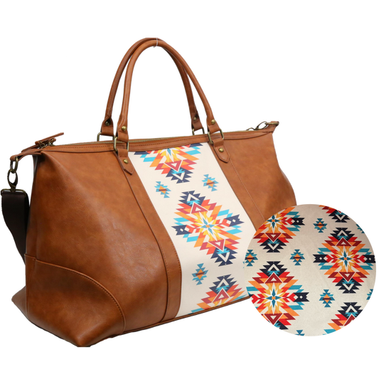 Brown leather bag with a colorful geometric pattern on a white background