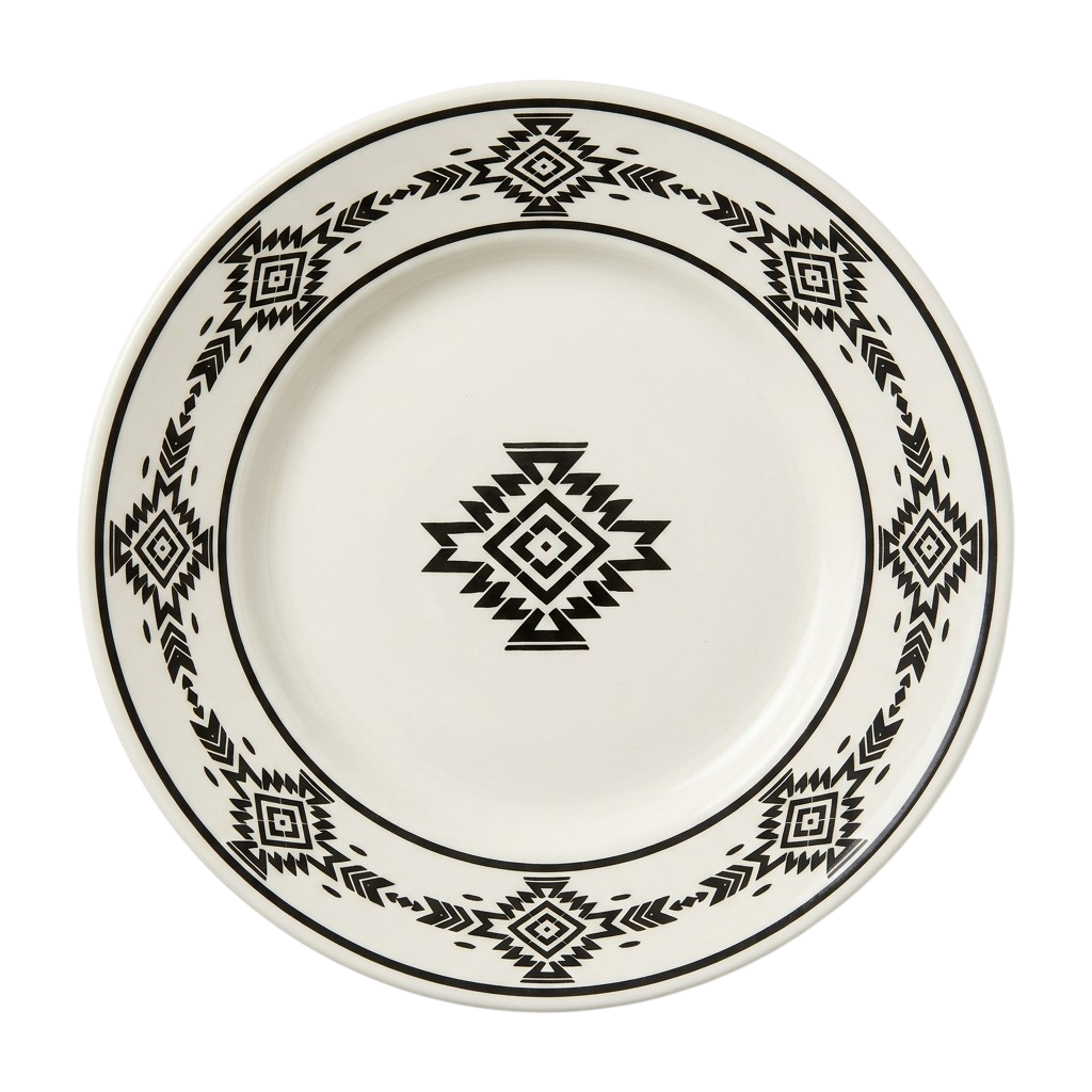 White plate with black geometric patterns on a white background