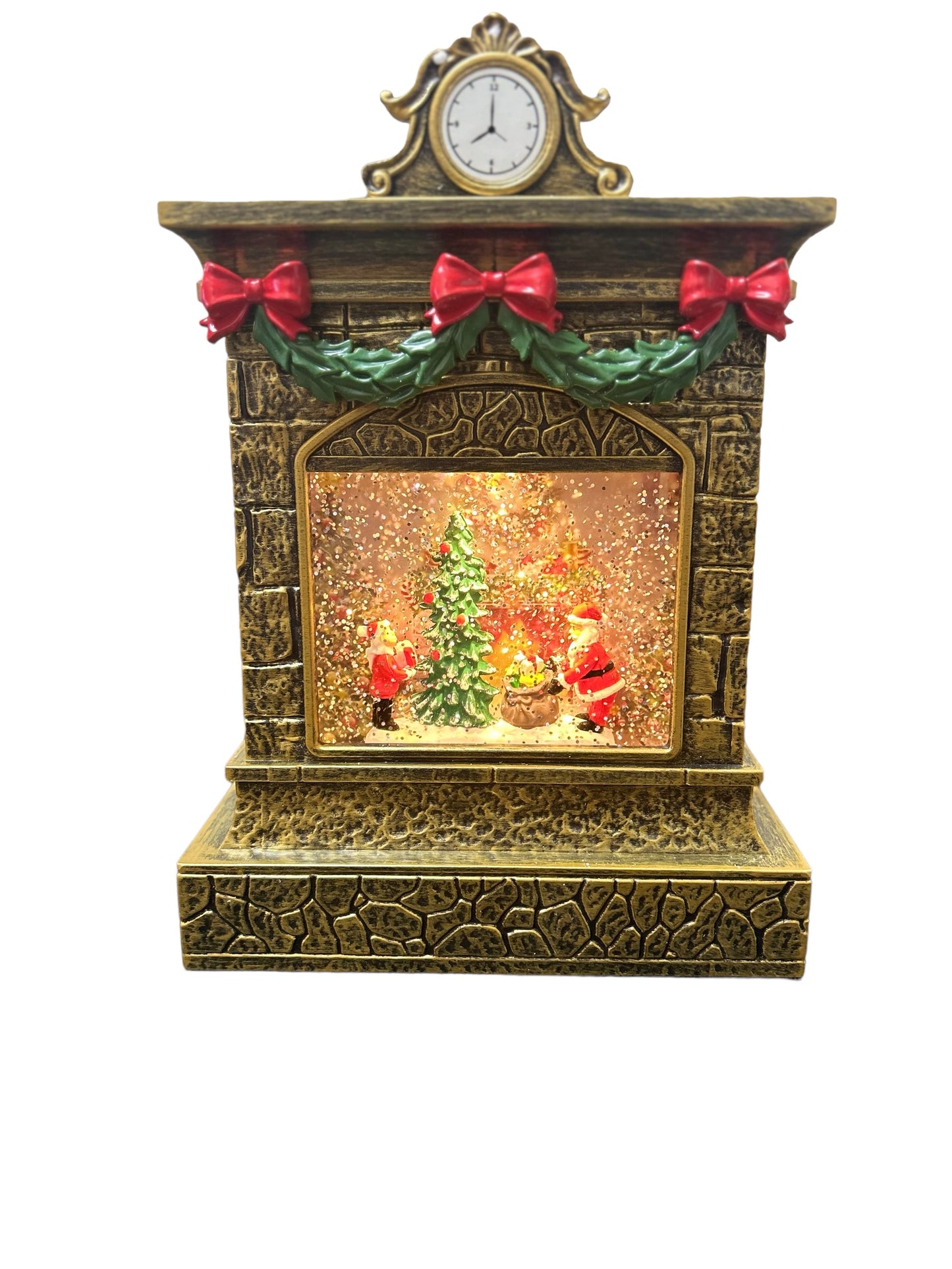 Decorative Christmas scene with Santa Claus, a tree, and animated snow effects inside a gold-framed display case.