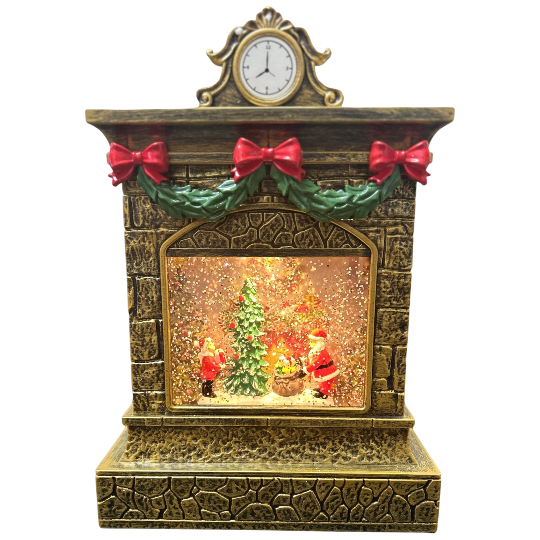 Decorative Christmas clock with animated scene inside on a white background