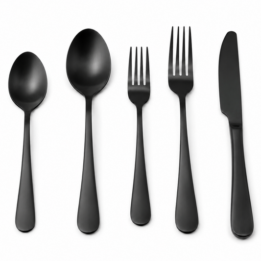 Five-piece black cutlery set with matte finish, including a spoon, a larger spoon, a small fork, a dinner fork, and a knife, arranged horizontally on a white background.