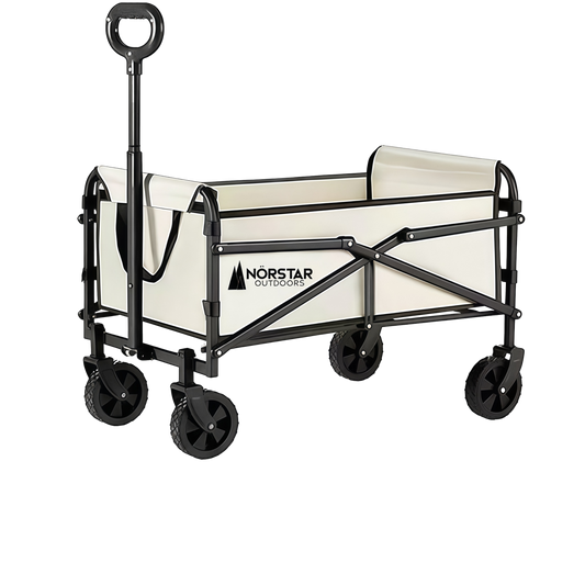 White folding wagon with black frame and wheels on a white background