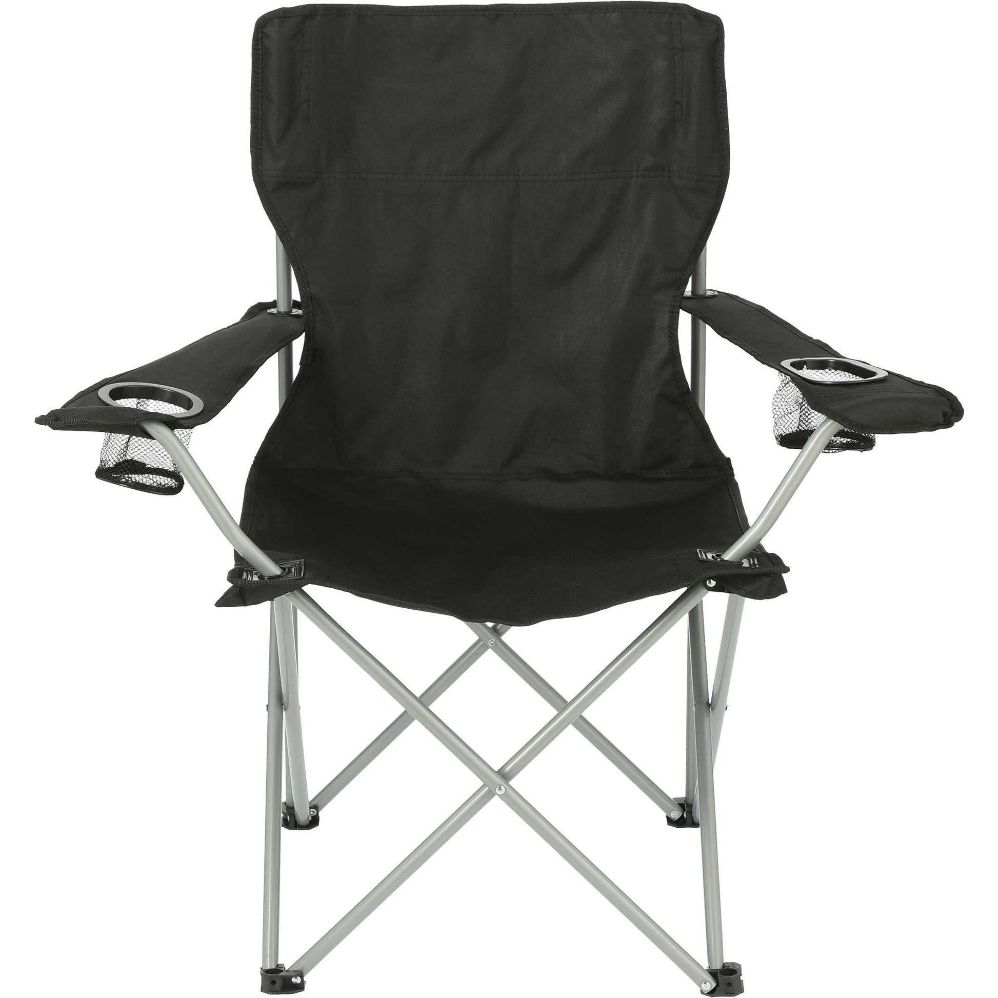 Black folding chair with cup holders on a white background