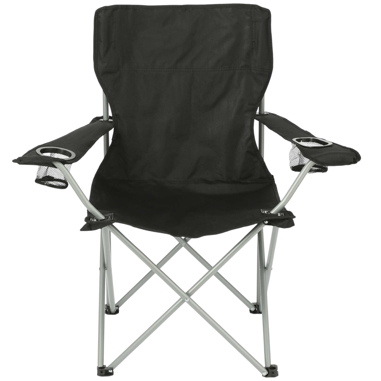 Black folding chair with cup holders on a white background