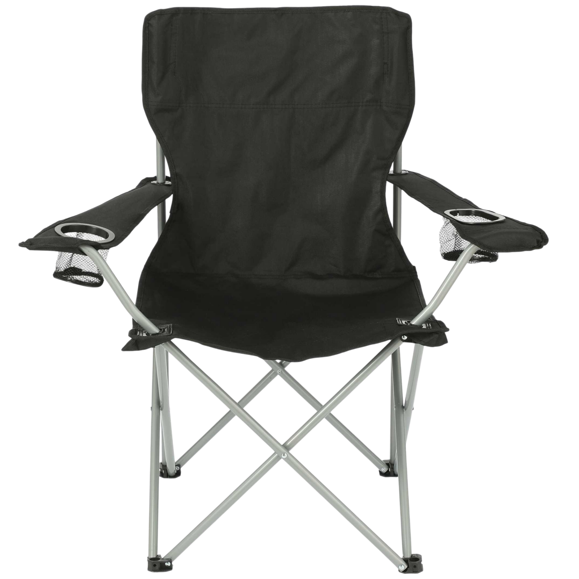 Black folding chair with cup holders on a white background