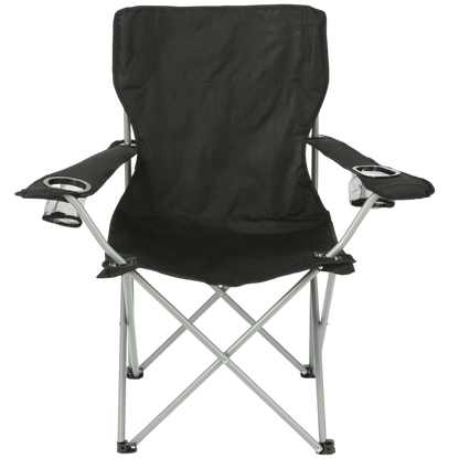 Black folding chair with cup holders on a white background