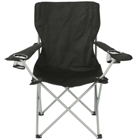Black folding chair with cup holders on a white background