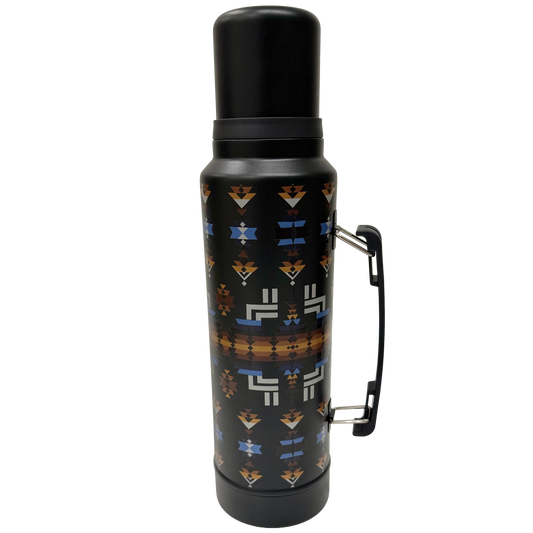 Gray thermos bottle with geometric pattern on a white background