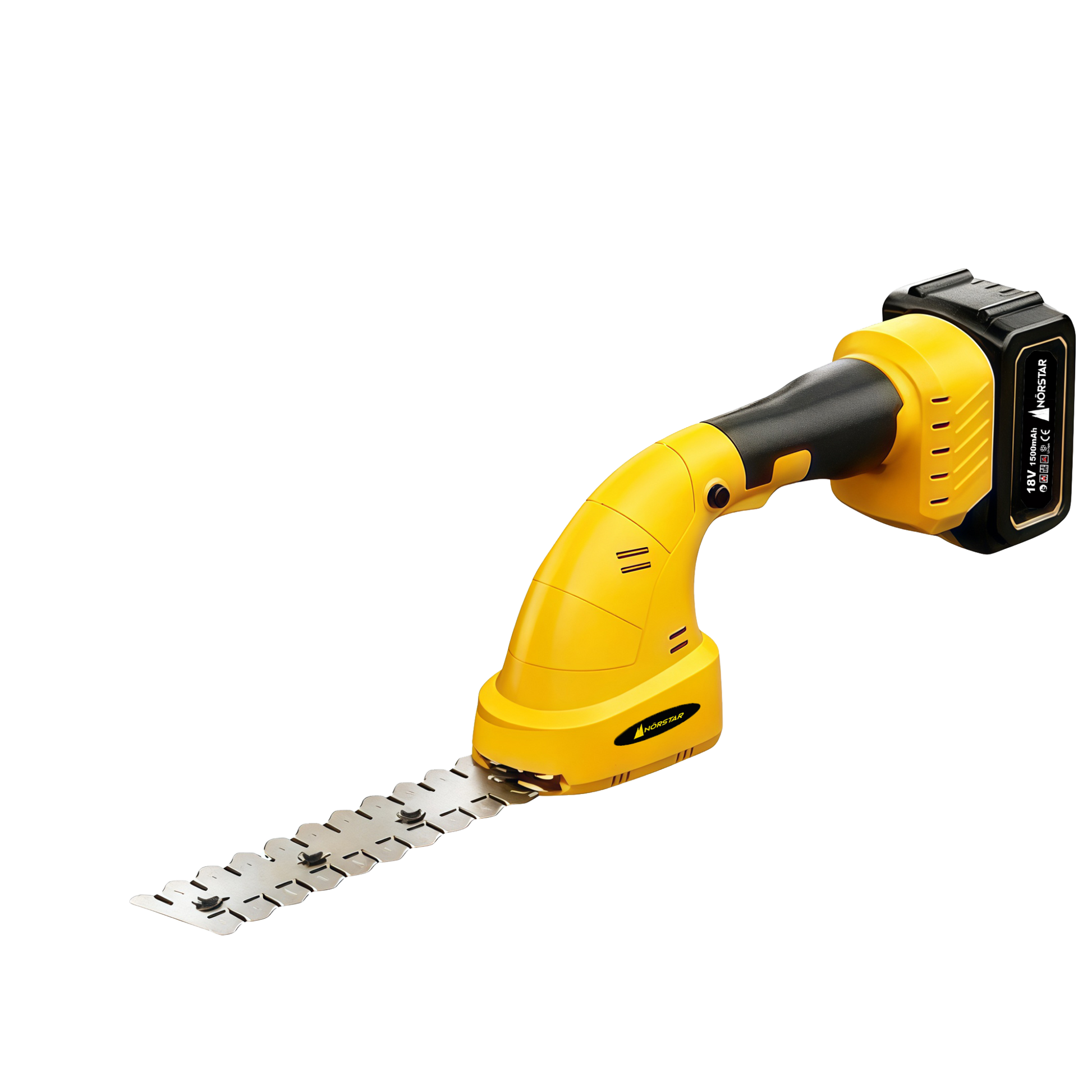 Yellow and black power tool with a long blade on a white background