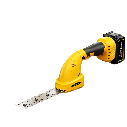 Yellow and black power tool with a long blade on a white background