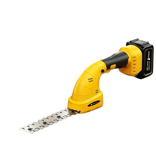 Yellow and black power tool with a long blade on a white background