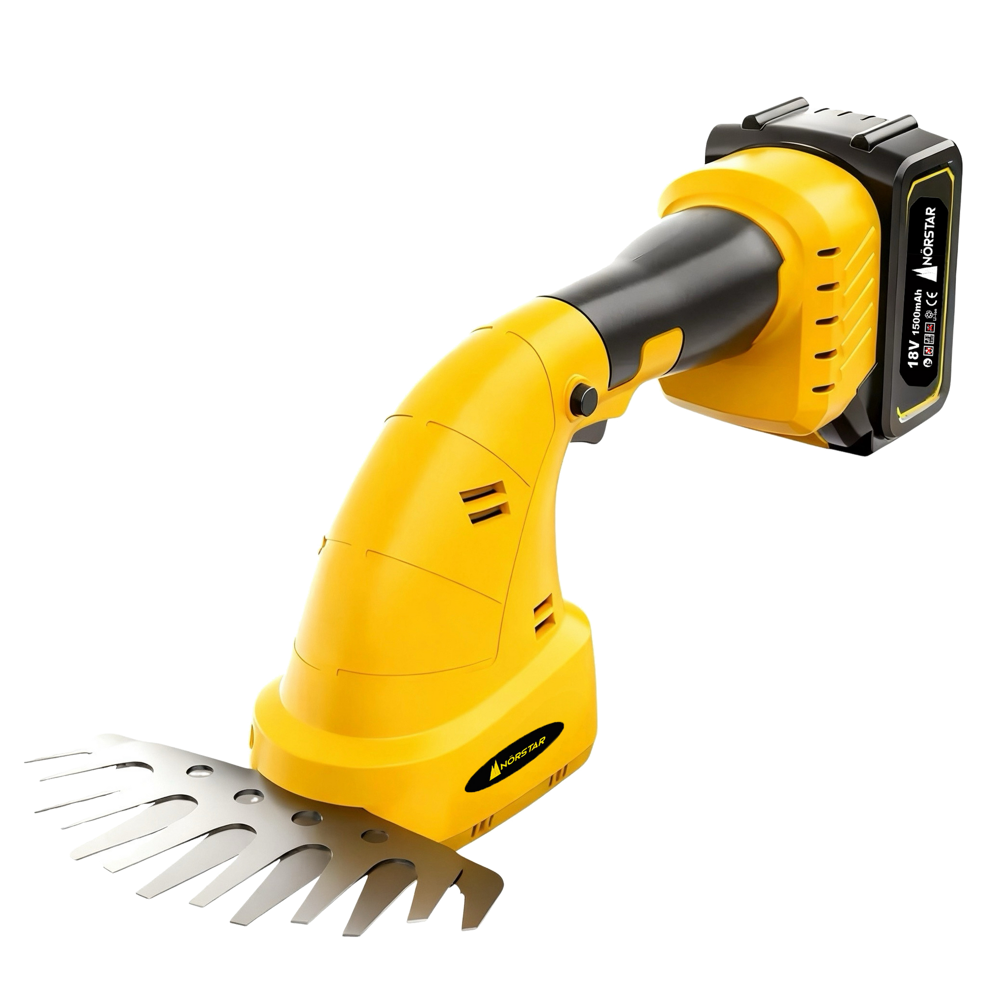 Yellow and black gardening tool with metal teeth on a white background
