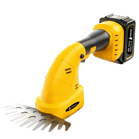 Yellow and black gardening tool with metal teeth on a white background