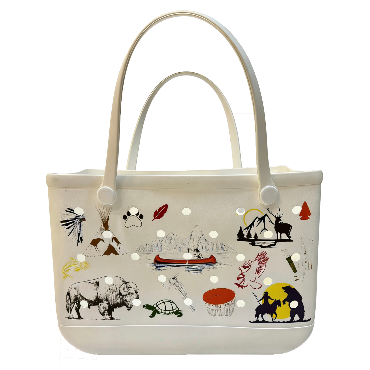 White tote bag with colorful scenic illustrations on a white background