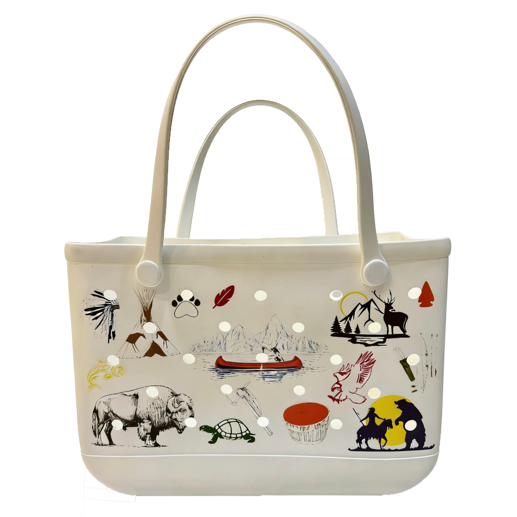 White tote bag with colorful scenic illustrations on a white background