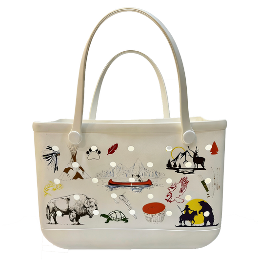 White tote bag with colorful scenic illustrations on a white background