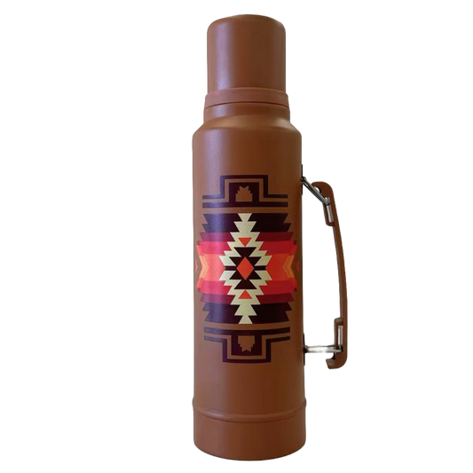 Brown thermos with a geometric pattern on a white background