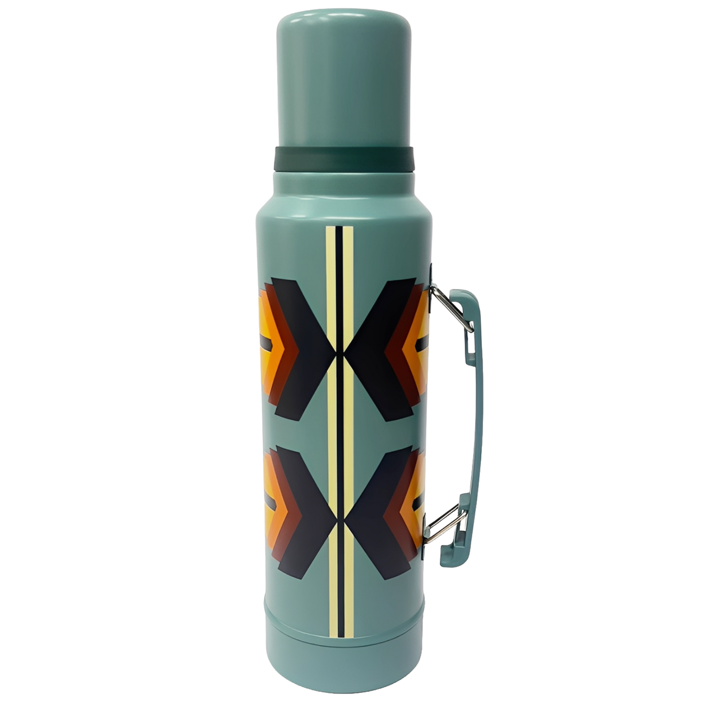 Teal thermos bottle with geometric pattern on a white background