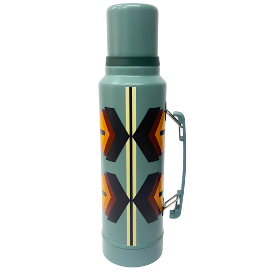 Teal thermos bottle with geometric pattern on a white background