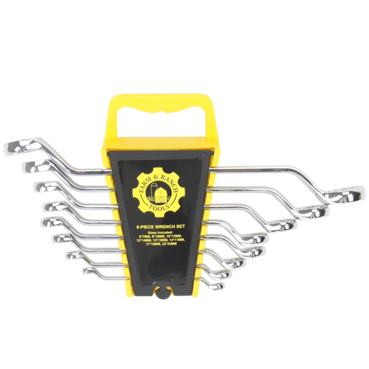 Set of six wrenches with a yellow and black tool case on a white background