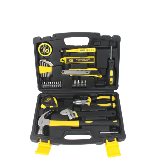 Open tool kit with various tools on a white background