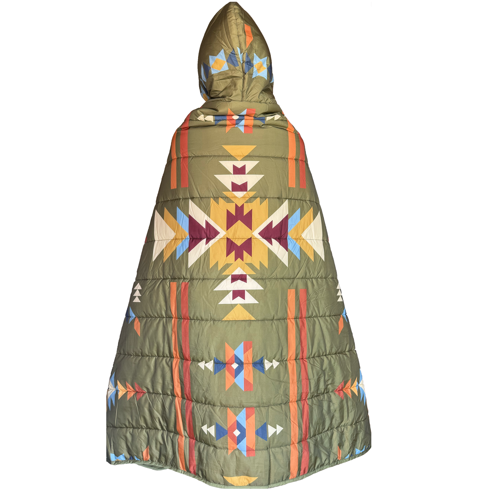 Green, hooded poncho with geometric pattern on a white background
