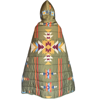Green, hooded poncho with geometric pattern on a white background