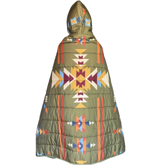 Green, hooded poncho with geometric pattern on a white background