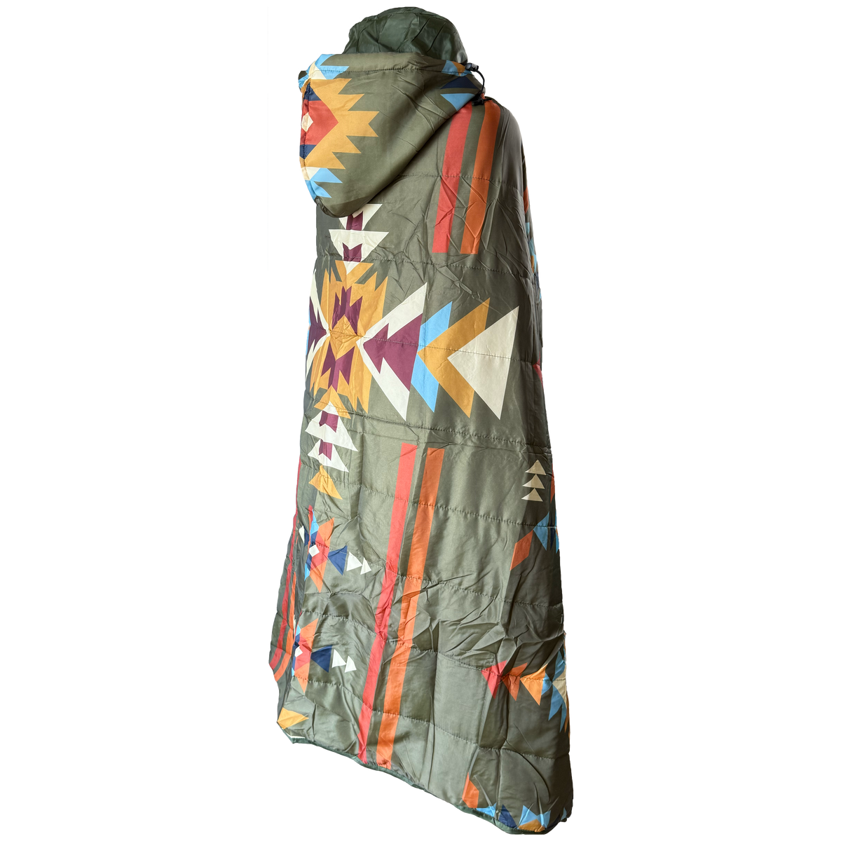 A hooded puffer jacket shown from the back, featuring a muted olive green base with a vibrant Southwestern geometric pattern in orange, red, yellow, blue, and white.