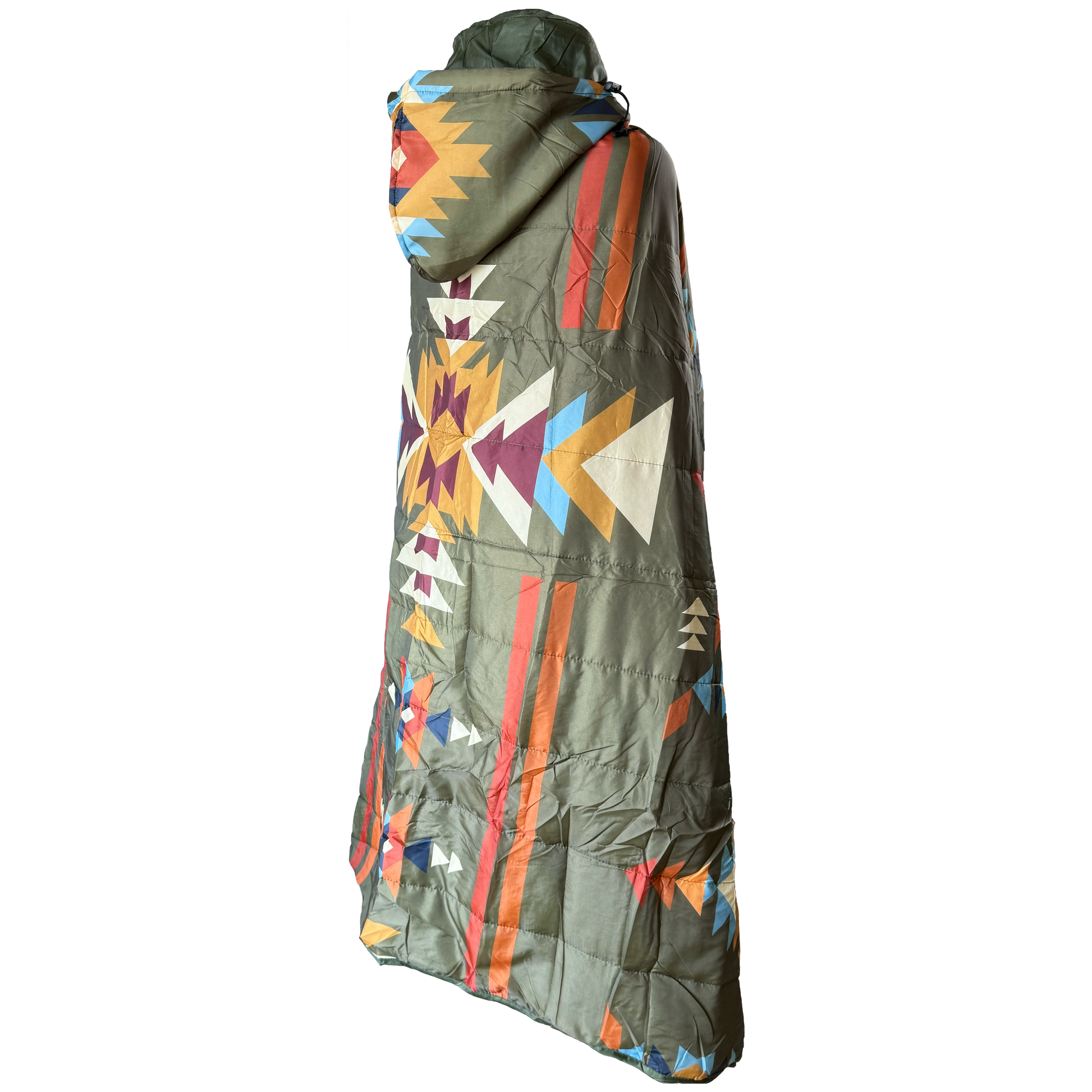 A hooded puffer jacket shown from the back, featuring a muted olive green base with a vibrant Southwestern geometric pattern in orange, red, yellow, blue, and white.