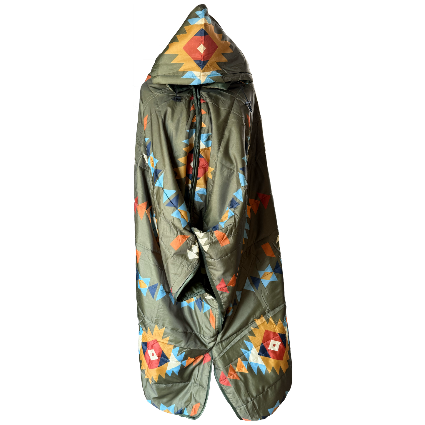 A hooded puffer poncho in olive green with a colorful geometric Southwestern pattern, shown against a plain white background.