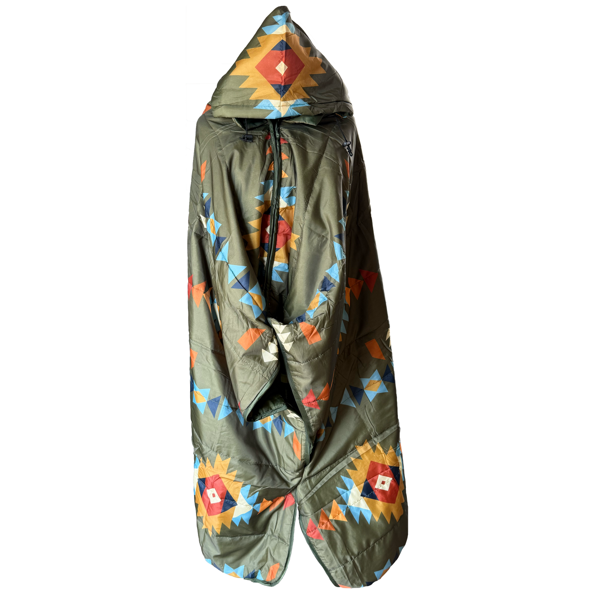 A hooded puffer poncho in olive green with a colorful geometric Southwestern pattern, shown against a plain white background.