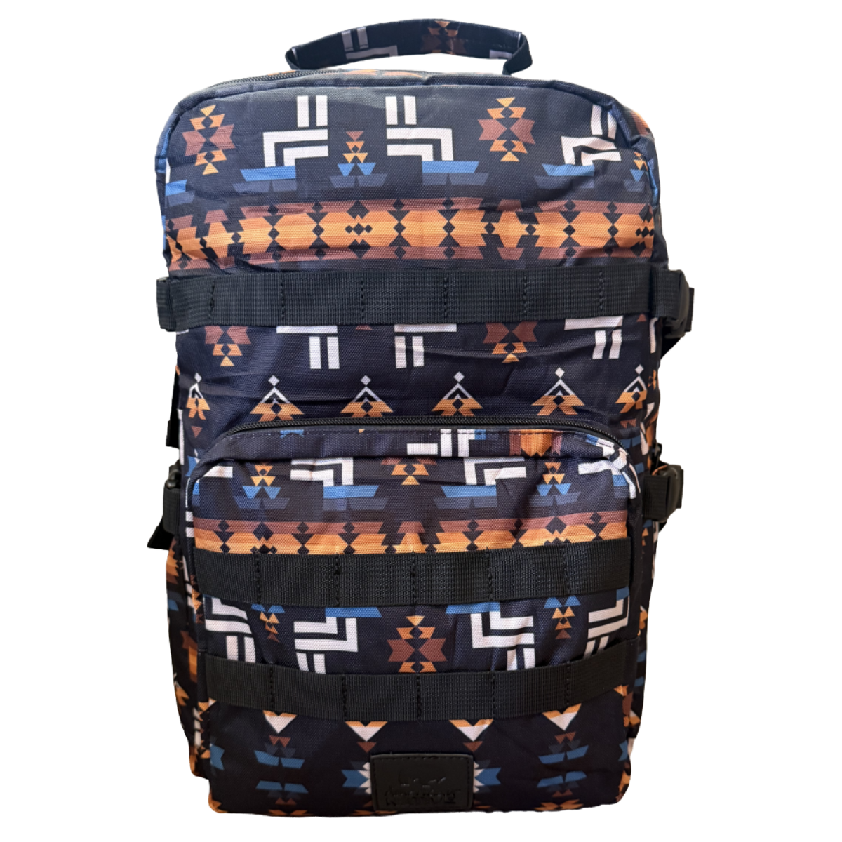 A backpack with a Southwestern geometric pattern in navy blue, orange, white, and brown, featuring black webbing straps and a top carry handle, shown against a plain white background.