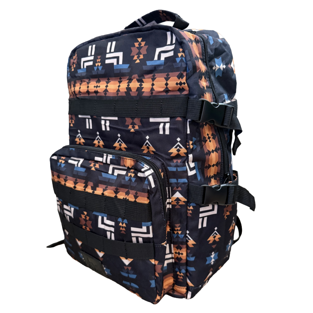 A backpack with a Southwestern geometric pattern in orange, white, and blue on a black background, shown against a plain white background.