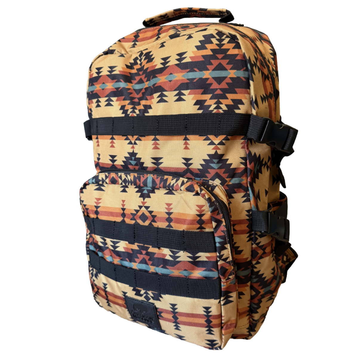 A backpack with a Southwestern geometric pattern in beige, black, orange, and blue, featuring a top carry handle and front utility pockets, shown against a plain white background.