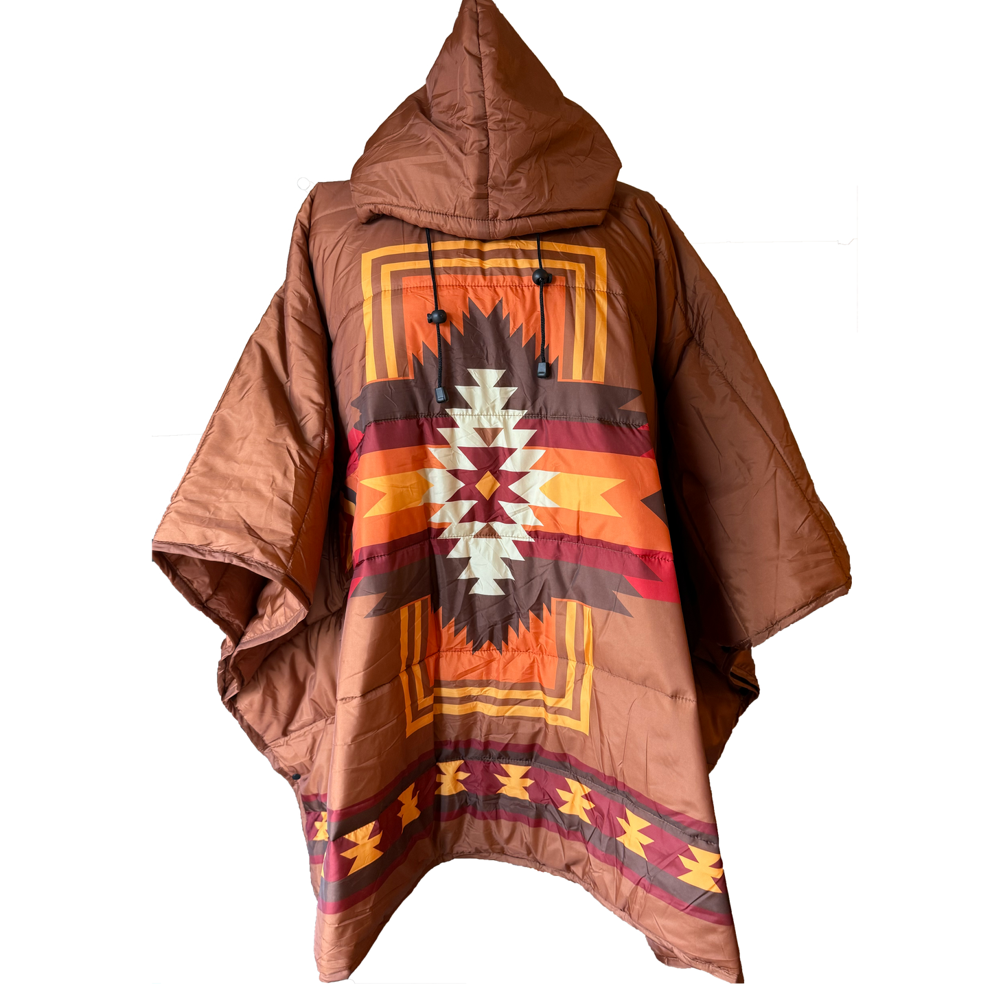 Brown hooded poncho with geometric pattern on a white background