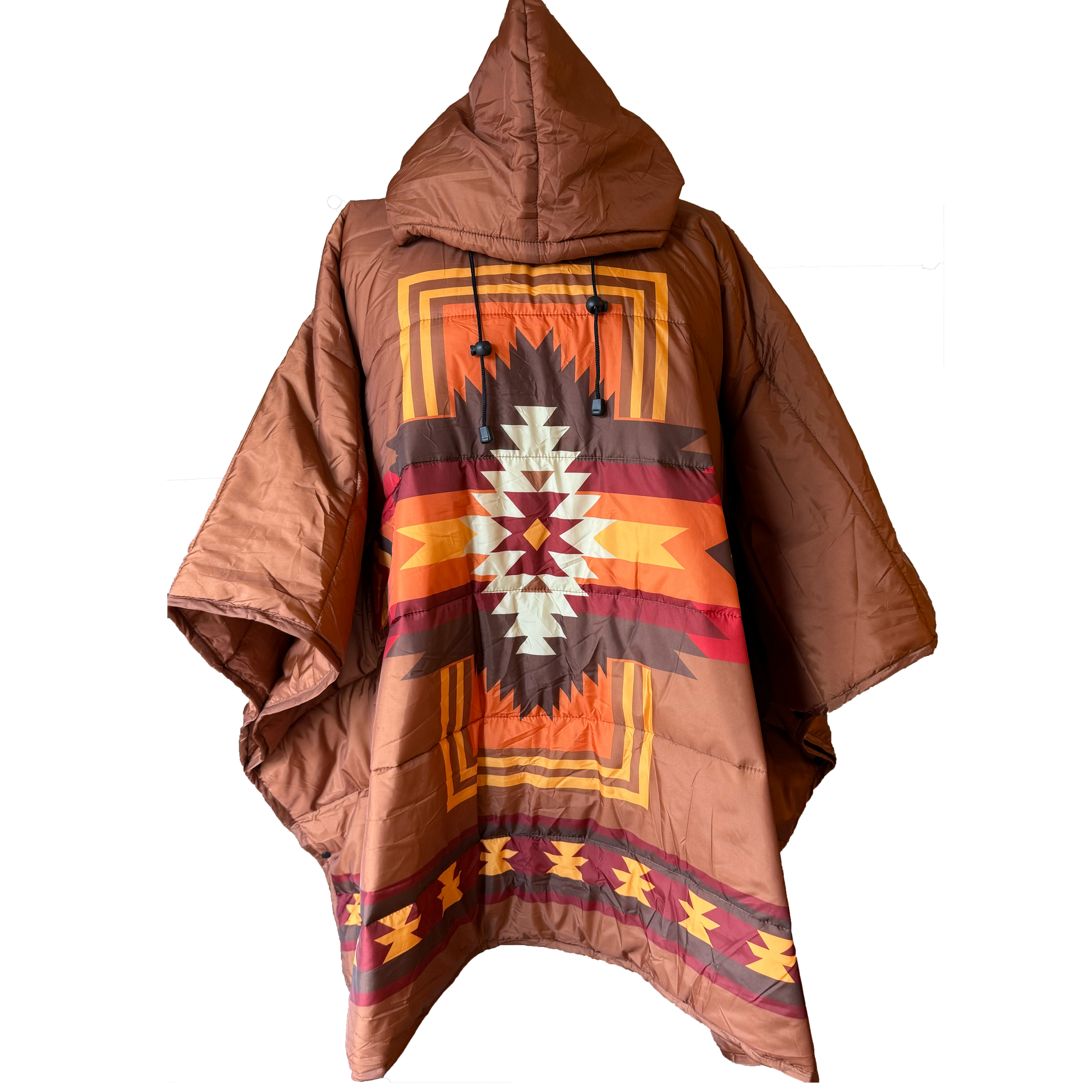 Brown hooded poncho with geometric pattern on a white background