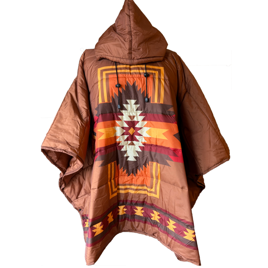 Brown hooded poncho with geometric pattern on a white background