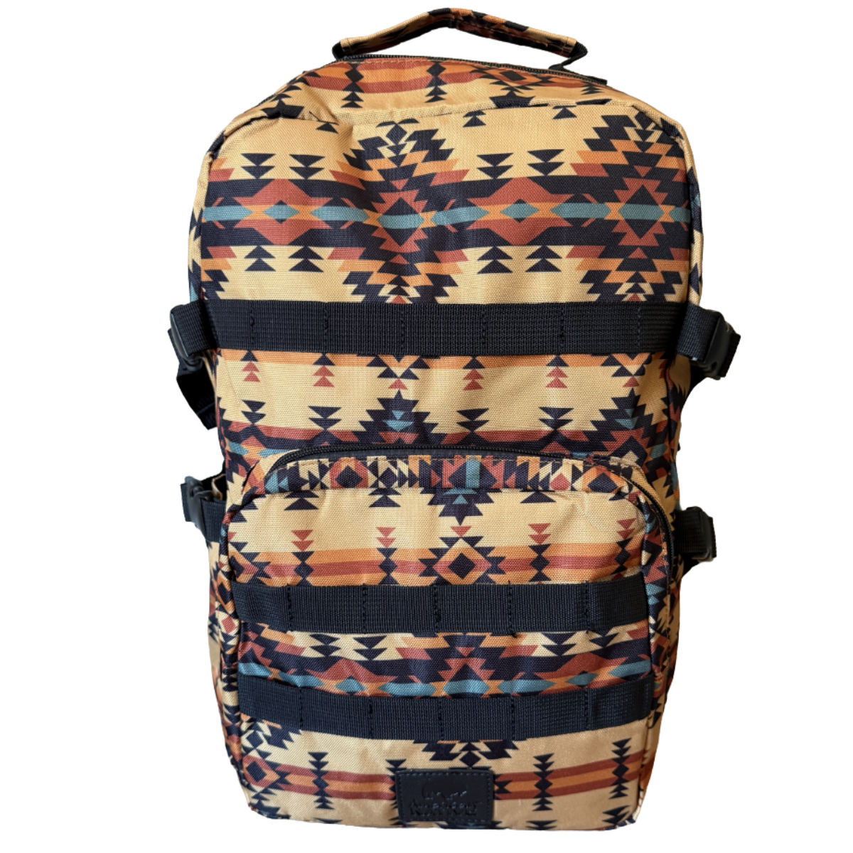 A backpack with a Southwestern geometric pattern in beige, black, orange, and blue, featuring a top carry handle and front utility pockets, shown against a plain white background.