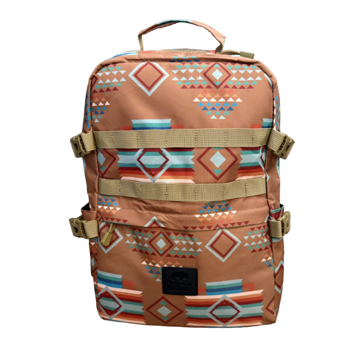A backpack with a Southwestern geometric pattern in terracotta, beige, orange, and light blue, featuring tan webbing straps and a top handle, shown against a plain white background.