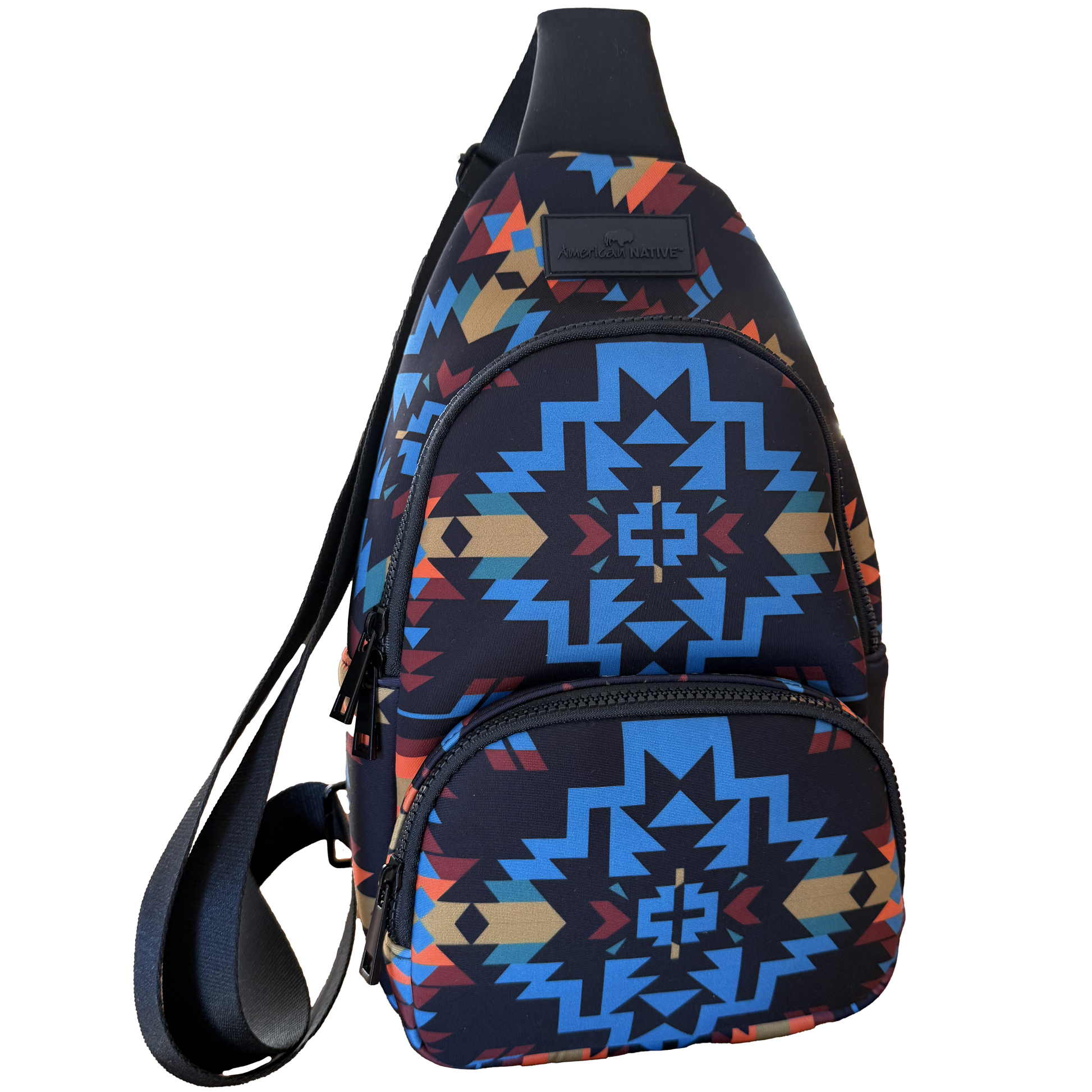 Sling bag with geometric pattern on a white background