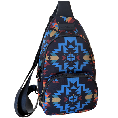 Sling bag with geometric pattern on a white background
